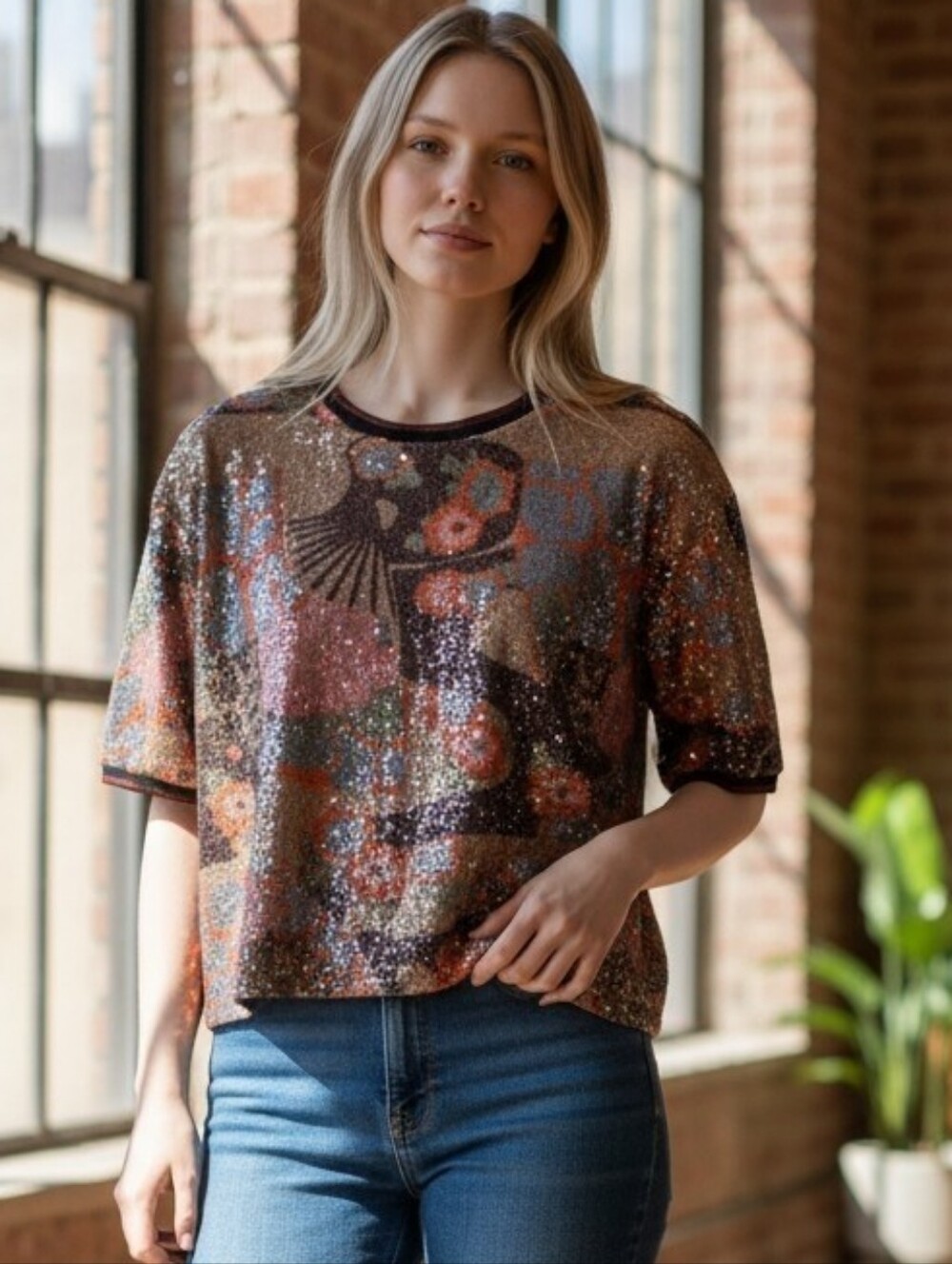 Nanette Lepore Multicolor Sequin Floral Short Sleeve Top